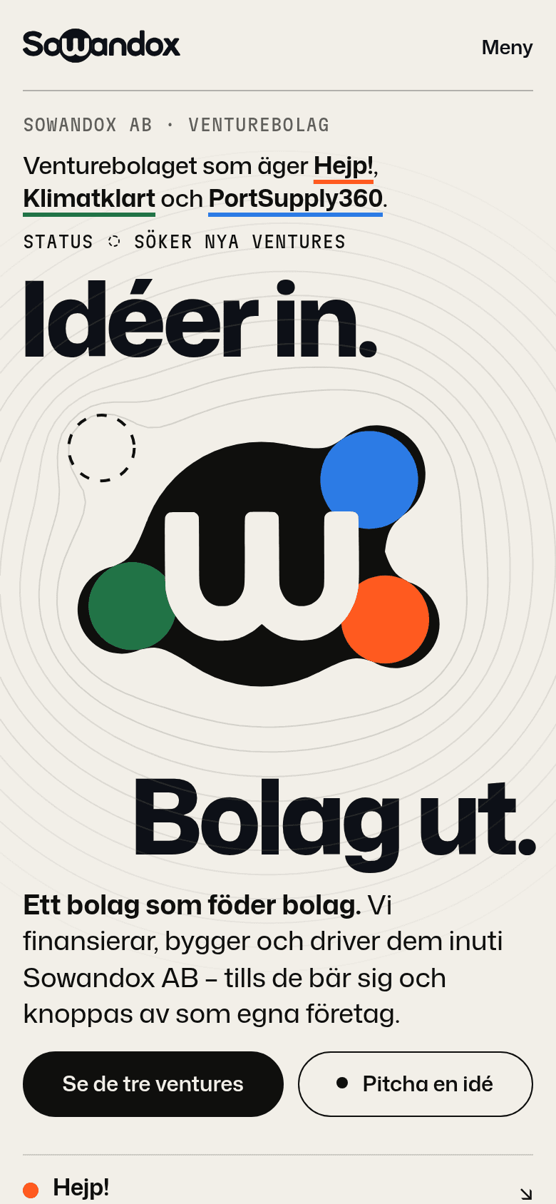 Sowandox startsida i mobilen